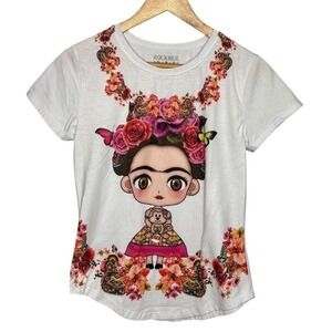 Rockher Frida Kahlo Graphic T-Shirt Womens Size M White Floral Butterfly Art Tee